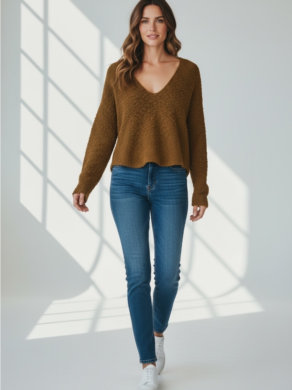 Free People Sweater Womens Popcorn Fuzzy V-Neck Oversized